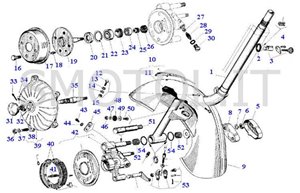 Tav  5 - Forcella e mozzo ruota anteriore Vespa 50 Special